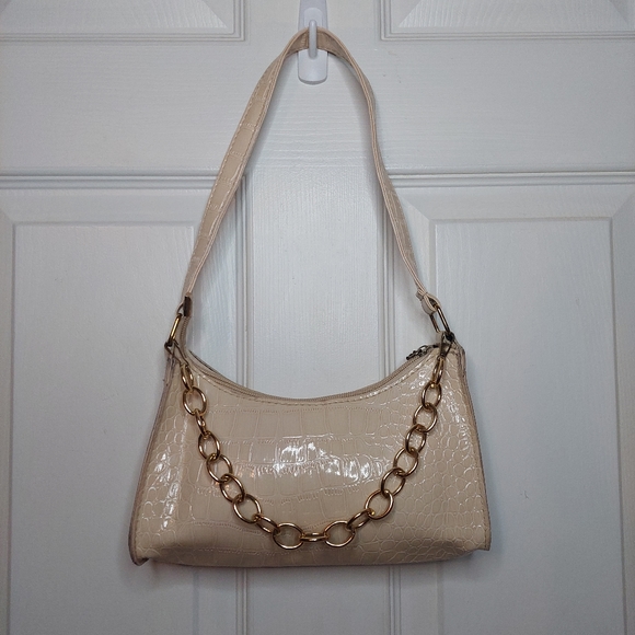 Cream Croc Embossed Patent Leather Gold Chain Accent Baguette Shoulder Bag Retro - Picture 1 of 10